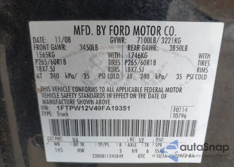 2009 Ford F-150 King Ranch/Lariat/Platinum/Xl/Xlt from USA, damaged, VIN 1FTPW12V49FA19351